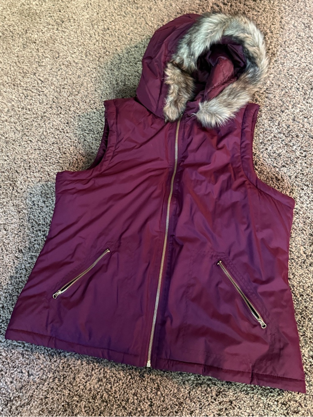 GAP Burgundy Hooded Faux-Fur Trim Vest